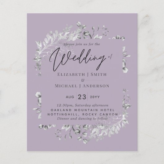 Silver Mauve Lila Botanisches Leaf Hochzeitbudget (Vorderseite)