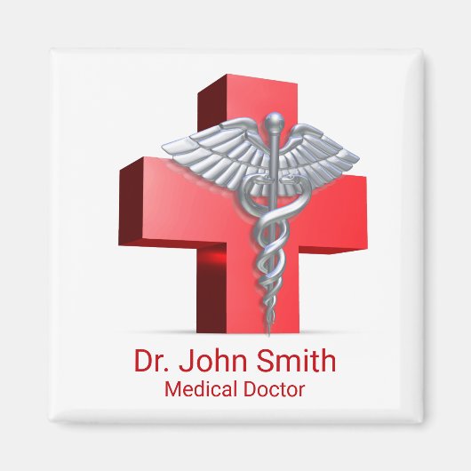 Silver Medical 3D Caduceus Cross Red Magnet (Vorne)