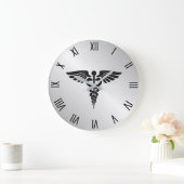 Silver Medical Caduceus w Black Numerals Große Wanduhr (Zuhause)