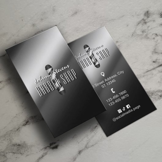 Silver metal barber pole barbershop visitenkarte