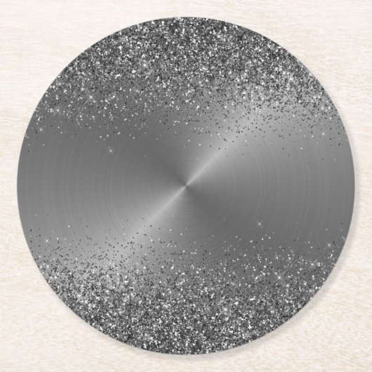 Silver Metal Look Glitzer Black Circular Metallic Runder Pappuntersetzer (Vorderseite)