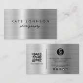 Silver Metal Modernes Script QR Code Social Media Visitenkarte (Vorne/Hinten)