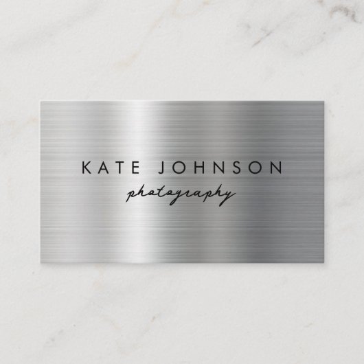 Silver Metal Modernes Script QR Code Social Media Visitenkarte (Vorderseite)