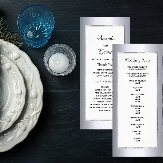 Silver metaliale elegante glam Hochzeitsprogramm Werbekarte
