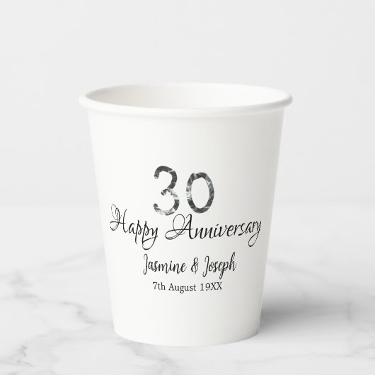 Silver Metallic 30. Happy Jubiläum Name hinzufügen Pappbecher (Vorderseite)