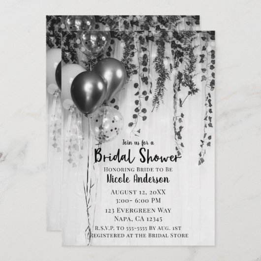 Silver Metallic Balloons Rustikales Ivy Brautparty Einladung (Vorne/Hinten)