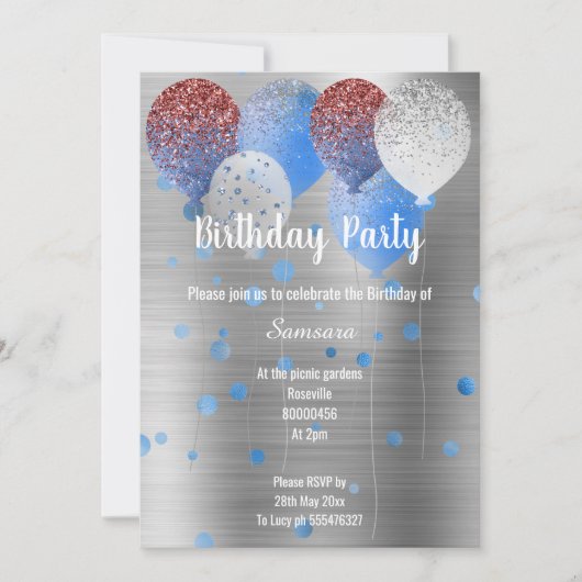 SILVER METALLIC & BLAU BIRTHDAY BALLOON SPOT EINLADUNG (Vorderseite)