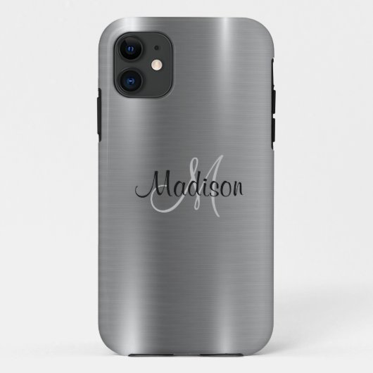 Silver Metallic Chic Elegante Monogram personalize Case-Mate iPhone Hülle (Rückseite)