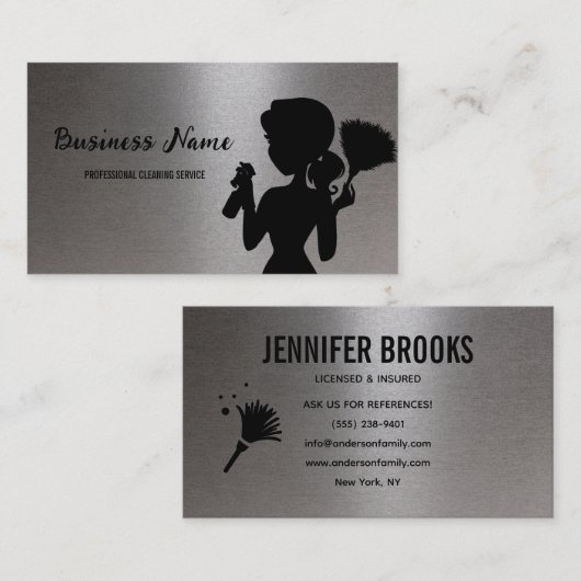Silver Metallic Cleaning Service Housekeeper Maid Visitenkarte (Vorne/Hinten)