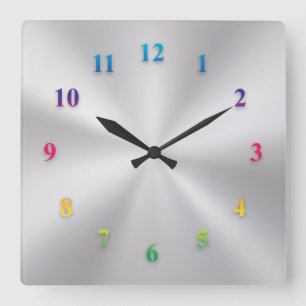 Silver Metallic Clock with Colored Numbers Quadratische Wanduhr