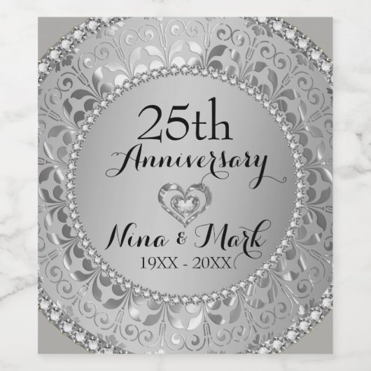 Silver Metallic Damask - 25 Jahre Weinetikett (Einzelnes Label)