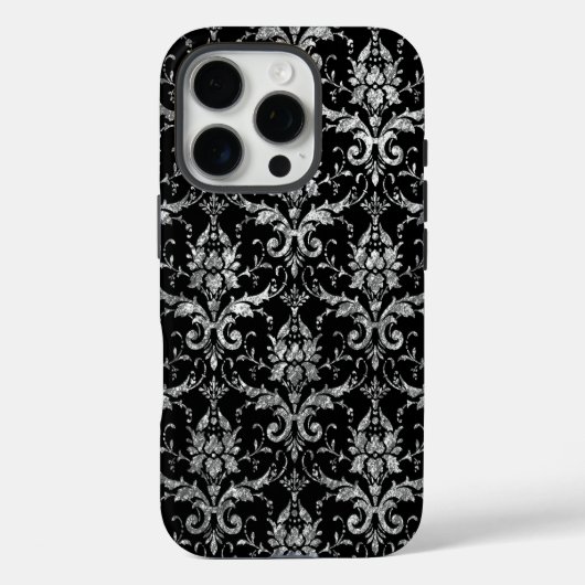 Silver Metallic Damask auf Black Case-Mate iPhone Hülle (Rückseite)
