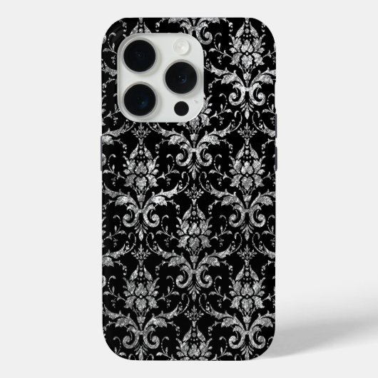 Silver Metallic Damask auf Black Case-Mate iPhone Hülle (Rückseite)