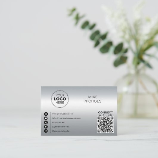 Silver Metallic Effect QR Code Verbindung mit uns Visitenkarte (Stehend Vorderseite)