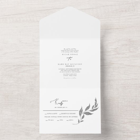 Silver Metallic Foliage Einfache Hochzeit All In One Einladung (Innen)
