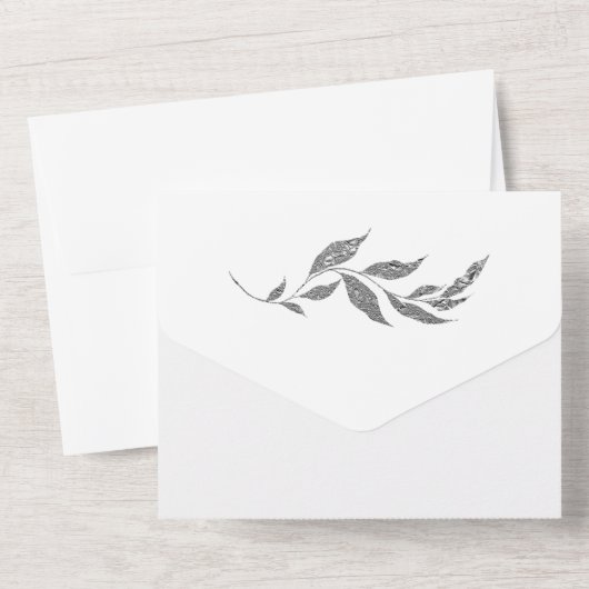 Silver Metallic Foliage Einfache Hochzeit All In One Einladung (Rückseite)