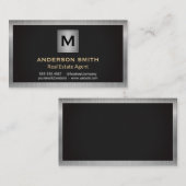 Silver Metallic Frame | Schwarze Textur | Monogram Visitenkarte (Vorne/Hinten)