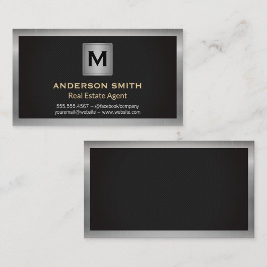 Silver Metallic Frame | Schwarze Textur | Monogram Visitenkarte (Vorne/Hinten)