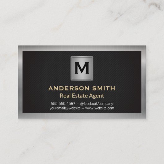 Silver Metallic Frame | Schwarze Textur | Monogram Visitenkarte (Vorderseite)