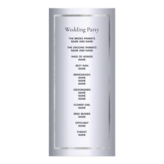Silver Metallic Glam elegantes Hochzeitsprogramm Werbekarte (Hinten)