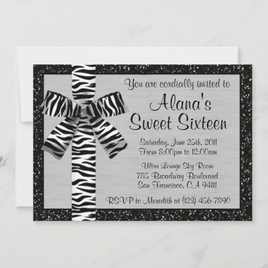 Silver Metallic Glitzer Einladung mit Zebra Bow (Vorderseite)