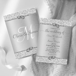 Silver Metallic Glitzer Monogram Wedding Einladung