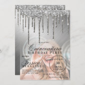Silver Metallic Glitzer Tropfen Foto Quinceañera Einladung (Vorne/Hinten)