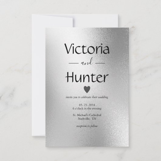 Silver Metallic Heart Moderne Elegante Hochzeit Einladung (Vorderseite)