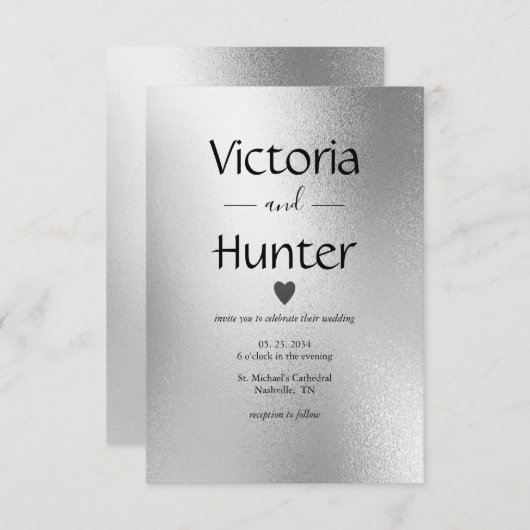 Silver Metallic Heart Moderne Elegante Hochzeit Einladung (Vorne/Hinten)