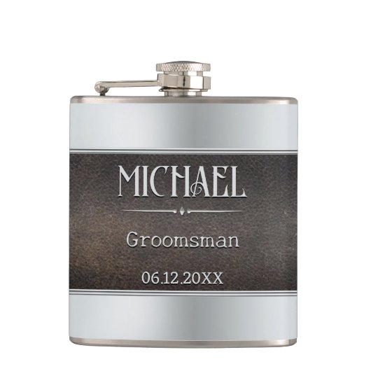 Silver Metallic Imitats Leder Trauzeuge Flachmann (Vorderseite)