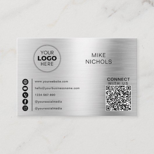 Silver Metallic QR Code Logo-Verbindung mit uns Visitenkarte (Vorderseite)