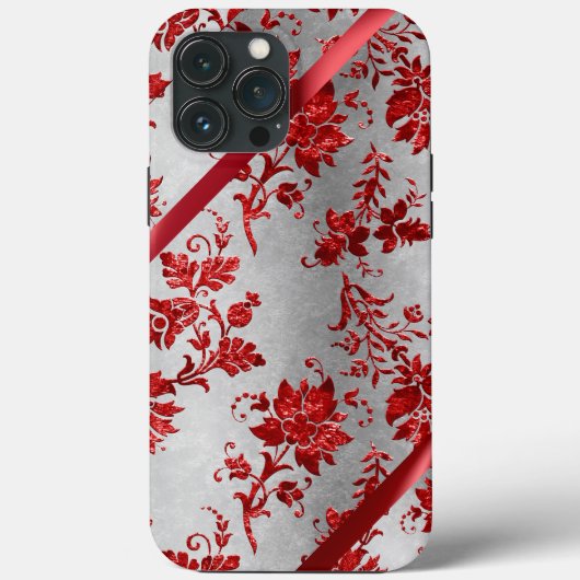 Silver Metallic Red Ribbon Damask Holiday Case-Mate iPhone Hülle (Rückseite)