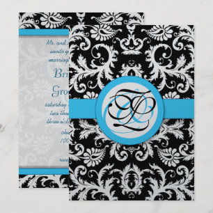Silver Metallic Vintag Damask Bright Aqua Trimm Einladung