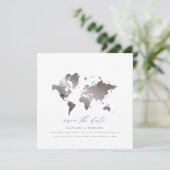 Silver Metallic Wasserfarbe Weltkarte Hochzeit Ankündigung (Stehend Vorderseite)
