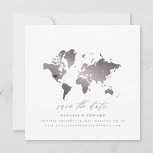 Silver Metallic Wasserfarbe Weltkarte Hochzeit Ankündigung