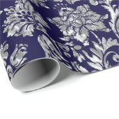 Silver & Midnight Blue Damasks Geschenkpapier (Rolleneckpunkt)