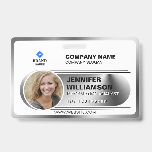Silver Minimalistisch Business QR Mitarbeiter Foto Ausweis (Vorderseite)