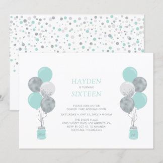 Silver & Mint Balloon 16 . Geburtstag Geburtstagsp Einladung