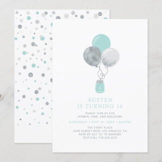 Silver & Mint Balloons Moderne 18. Geburtstagspart Einladung