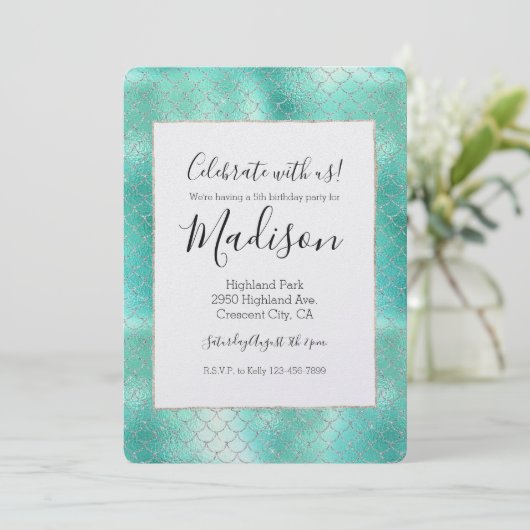 Silver Mint Mermaid Birthday Einladung (Stehend Vorderseite)