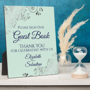 Silver Mint & Navy Sign Our Guest Book Wedding Fotoplatte