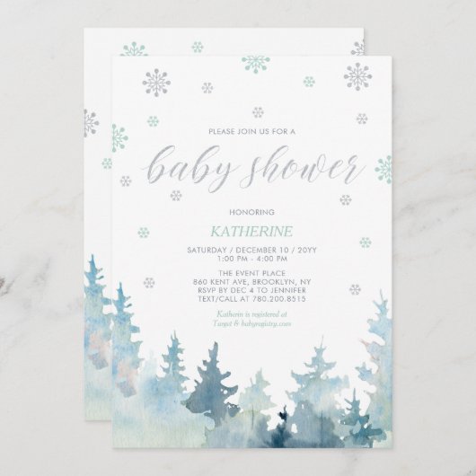Silver & Mint Snowflake Winter Forest Baby Shower Einladung (Vorne/Hinten)