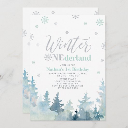 Silver & Mint Winterlandschaft 1. Party Einladung (Vorne/Hinten)