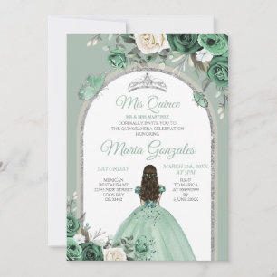 Silver Mis Quince Dusty Green Floral Quinceañera Einladung