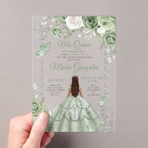 Silver Mis Quince Sage Green Floral Quinceañera Acryleinladungen
