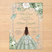 Silver Mis Quince Sage Green Floral Quinceañera Acryleinladungen (Vorderseite)