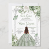 Silver Mis Quince Sage Green Floral Quinceañera Einladung (Vorderseite)