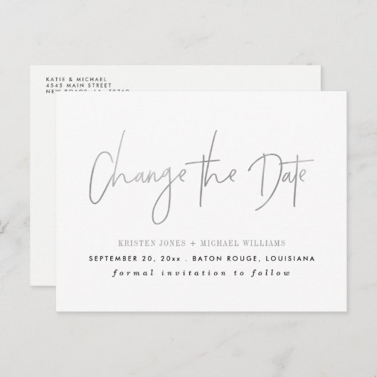 Silver Modern ändern Datum Ankündigungspostkarte (Vorne/Hinten)