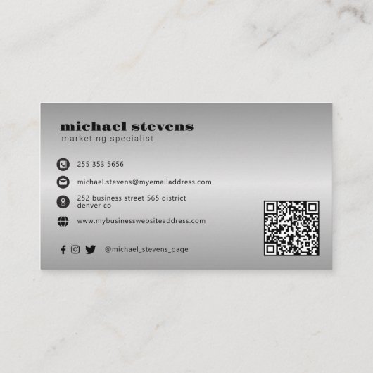 Silver modern custom logo QR code Visitenkarte (Rückseite)