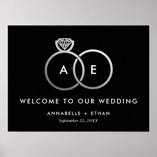 Silver Modern Rings Wedding Willkommenszeichen Poster (Vorne)